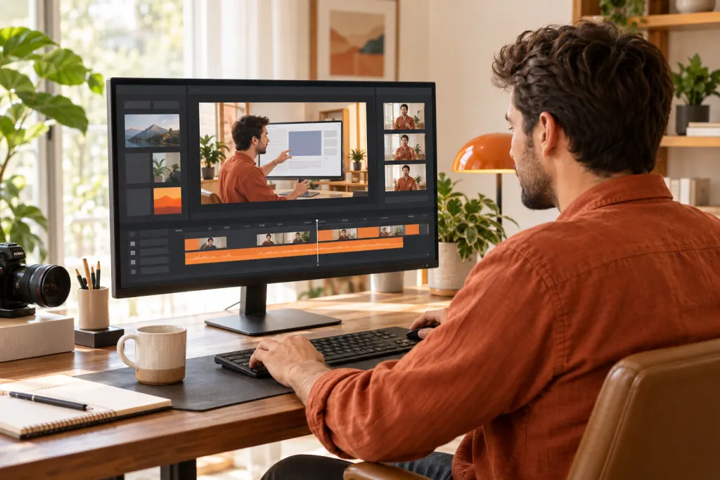 Creator editing a video timeline on a desktop monitor